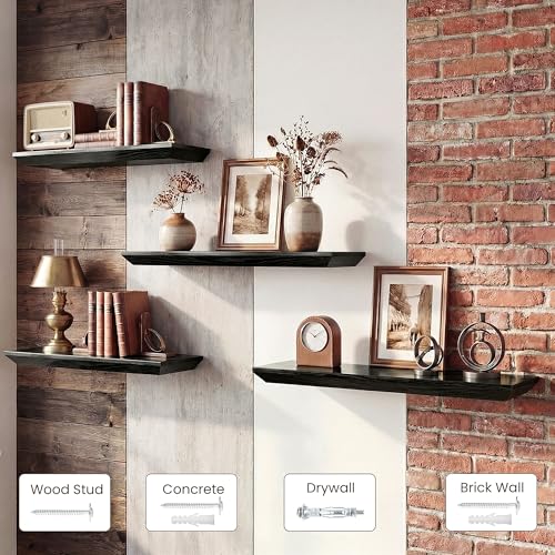Acovy 36in Solid Spruce Wood Floating Shelves with Beveled Bottom Edges, Wooden Floating Shelf with Heavy-Duty Bracket for Living Room Bathroom Bedroom Kitchen, Rustic Black, Set of 2 - color: Rustic Black, size: 36"-2 Packs
