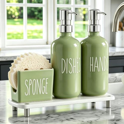 Cisily Olive Green Kitchen Soap Dispenser Set with Ceramics Sponge Holder | Stainless Steel Silver Pumps, and Instant Dry Tray, Hand and Dish Soap Dispenser Set, Kitchen Sink Olive Green Decor - color: Olive Green+ Silver+ Sponge Holder