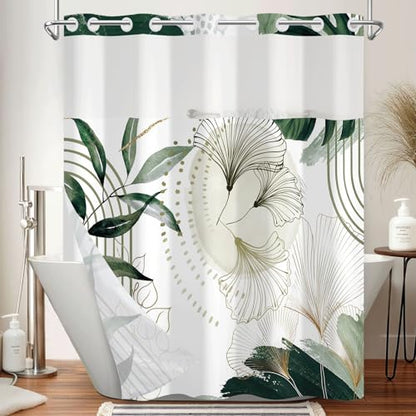 Modern No Hook Shower Curtain with Snap in Liner Set, 71x74 Inch | Double layer Waterproof Fabric with Mesh Top, Abstract Green Botanical Leaf & Geometric Print for Boho & Mid Century Bathroom - color: Boho-3