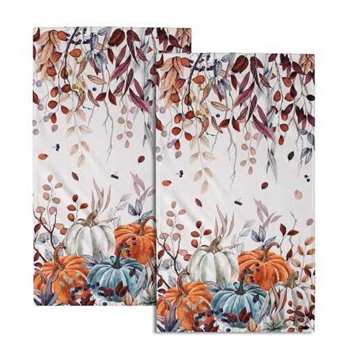 Giwawa Fall Hand Towel Set of 2, Autumn Leaf Orange Blue Pumpkins Decorative Towels, Colorful Harvest Thanksgiving Face Fingertip Towel Dish Wash Cloth for Bathroom Hotel Gym Home Spa - color: Fall Pumpkin