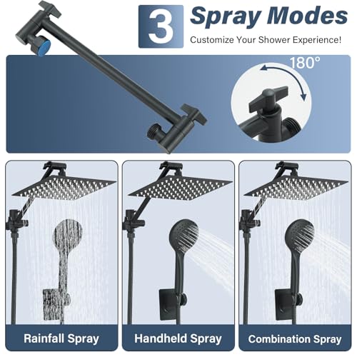 Matte Black Shower Head, High Pressure Rainfall 8 Inch Shower Head/Handheld Showerhead Combo with 10" Extension Arm, Height/Angle Adjustable