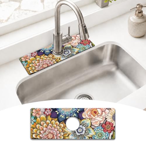 Boho Colorful Mandala Flower Kitchen Sink Splash Guard Faucet Mat,Faucet Non-Slip Absorbent Mat,Farmhouse Sink Splash Guard Behind Faucet for Kitchen Bathroom, 15"x5.5" - color: Drying Faucet Mat 2