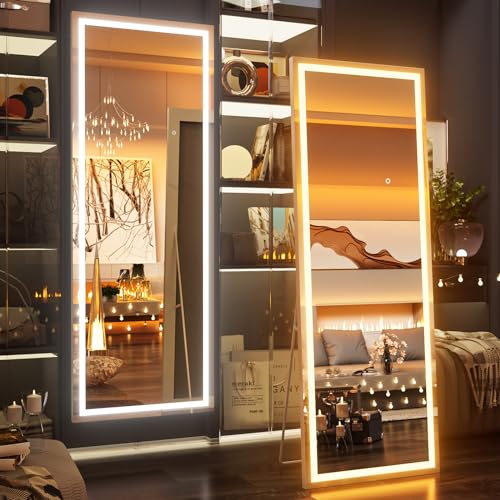 pertetey 75 x 28 in LED Full Length Mirror, White Frame, Dimmable | Dimmable LED Lighting, 3 Color Modes, White Frame, Floor or Wall Mounted - size: 75"L x 28"W