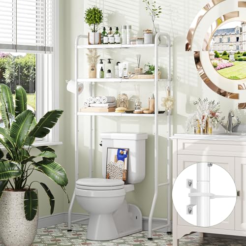 Simple Trending Expandable Over The Toilet Storage Rack, Metal 3 Tier Bathroom Organizer Shelf with Paper Holder and 3 Hooks, White - color: White