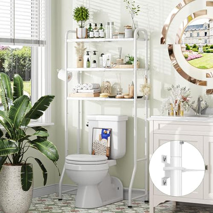 Simple Trending Expandable Over The Toilet Storage Rack, Metal 3 Tier Bathroom Organizer Shelf with Paper Holder and 3 Hooks, White - color: White