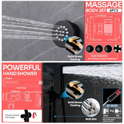 HOMEDEC 16inch Round Shower System with 6" Wall Mounted Shower Head, 4 Way Shower Diverter Valve with 2-Function Handheld Shower and Body Jets, Black - color: Black, style: 4-Way + 1x 6" Top