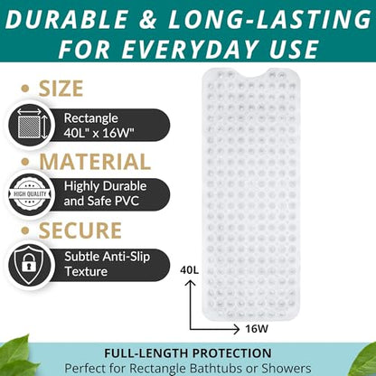 ENKOSI Non-Slip Bath & Shower Mat 40x16 Extra Long, Suction & Drain Holes | Clear look; Durable PVC; 40x16 in, Clear - color: Clear