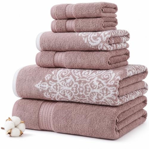 Modern Threads 6 Piece Reversible Yarn Dyed Jacquard Towel Set Artesia Damask Woodrose - color: Woodrose