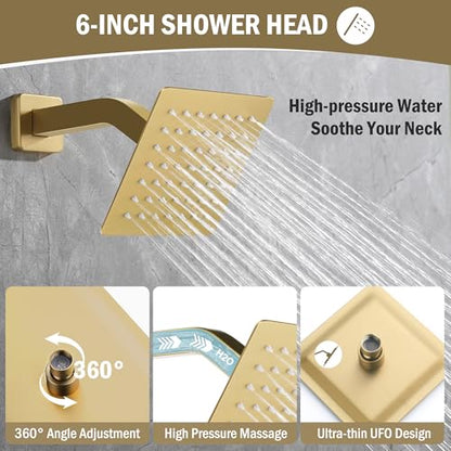 12 Inch Rain Shower System, Brushed Gold Shower Faucet Set with Push Button Diverter, 6 Inch Wall Mounted 3-Functions Bathroom Shower Systems with Dual-Function Handheld - style: UFO