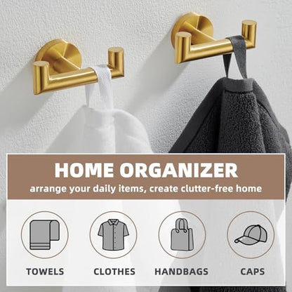 Brushed Gold Double Bathroom Robe Hooks, 2 Pack, Wall Mounted | Rustproof 304 Stainless Steel, Heavy-duty 11lbs Towel Hooks for Robes, Coats, Bags, Shower, Kitchen, Entryway Storage Hooks - color: Brushed Gold