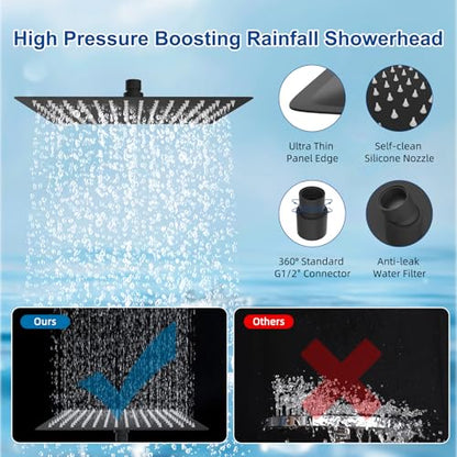 Metal 12" Rain Showerhead with 10-Spray Handheld, Easy Reach 4-way Diverter | Matte Black Finish, Upgraded High Pressure Shower Head with Pause Mode, 71" Stainless Steel Hose/12" Extension Arm - color: Matte Black, style: Square 12"