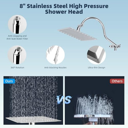 Hibbent All Metal CUPC Certified Shower Head, 8'' High Pressure Rainfall Shower Head, Handheld Showerhead Combo, 12'' Adjustable Extension Arm, 10 Sprays, 71'' Shower Hose, Showerhead Holder, Chrome - color: Chrome, style: Square 8''