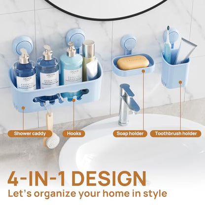 Shower Caddy Suction Cup Set Shower Organizer & Soap Holder, Blue | Toothbrush Holder, Bathroom Shelf Basket NO-Drilling, Removable Shower Storage, Waterproof Bathroom Holder - color: 3 × Blue