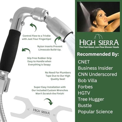 High Sierra® Solid Lead-Free Metal Handheld Shower Head, Trickle Valve, Includes 72” Flexible Stainless Steel Hose With Biofilm Resistant Silicone Inner Tube, Holder. Ultra Low Flow 1.25 GPM. Chrome - color: Chrome, size: 1.25 GPM