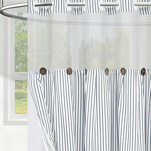ASPMIZ Farmhouse Striped Shower Curtain and Liner Set No Hook, Grey 71x86 | No Hook Shower Curtain with Snap in Liner Fabric, Rustic Washable Waterproof Bathroom Curtains with Button, Mesh Top Window - color: Grey Striped, size: 71"W x 86"L (Pack of 1), s