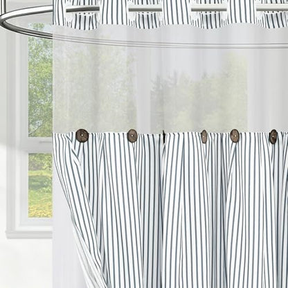 ASPMIZ Farmhouse Striped Shower Curtain and Liner Set No Hook, Grey 71x86 | No Hook Shower Curtain with Snap in Liner Fabric, Rustic Washable Waterproof Bathroom Curtains with Button, Mesh Top Window - color: Grey Striped, size: 71"W x 86"L (Pack of 1), s