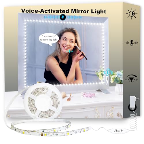 13ft/4M Voice-Activated Led Vanity Mirror Lights Kit Bendable NO Need to Cut Vanity Make-up Mirror Cloakroom Adjustable Flexible Strip Light Table Set with Dimmer Power - color: White-Voice- strip-lights