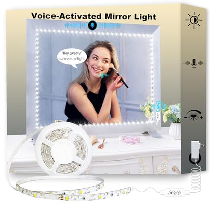 13ft/4M Voice-Activated Led Vanity Mirror Lights Kit Bendable NO Need to Cut Vanity Make-up Mirror Cloakroom Adjustable Flexible Strip Light Table Set with Dimmer Power - color: White-Voice- strip-lights