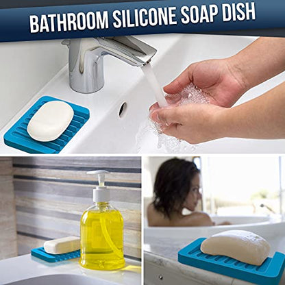 ZAPPOWARE Self Draining Soap Dish for Bar Soap - Pack of 2 Blue Silicone Waterfall Drain Soap Savers for Shower, Bath, Kitchen Countertop - color: Blue