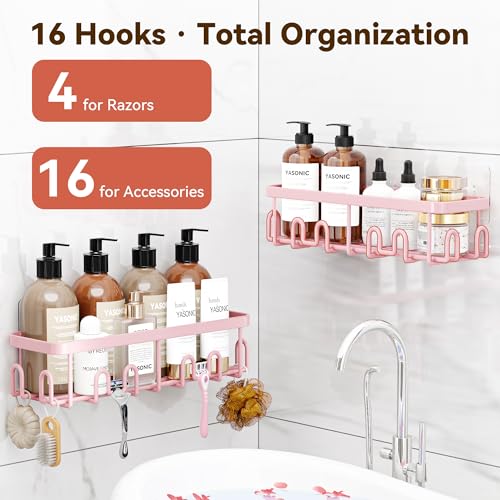 Shower Caddy Adhesive, Rustproof Shower Organizer, Wall Shower Rack | Large Capacity Shower Shelf for Inside Shower, No Drill Shower Storage, Shampoo Shower Holder, Pink, 2 Caddies - color: Pink