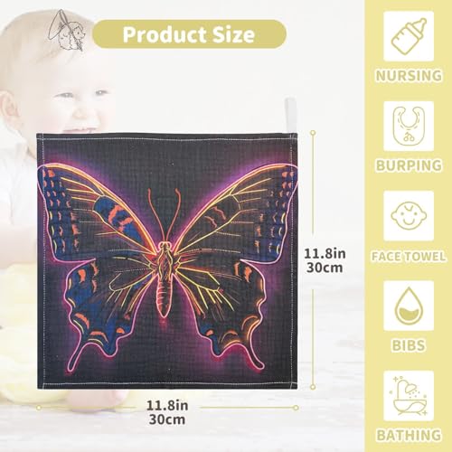 YETTASBIN Buuterfly Muslin Baby Hand Washcloths, Soft Cotton Bath Face Towel, 4 Layers Extra Absorbent Feeding Burp Cloth for Newborn Infant, 3 Pack - size: 12 Inch x 3 Pack