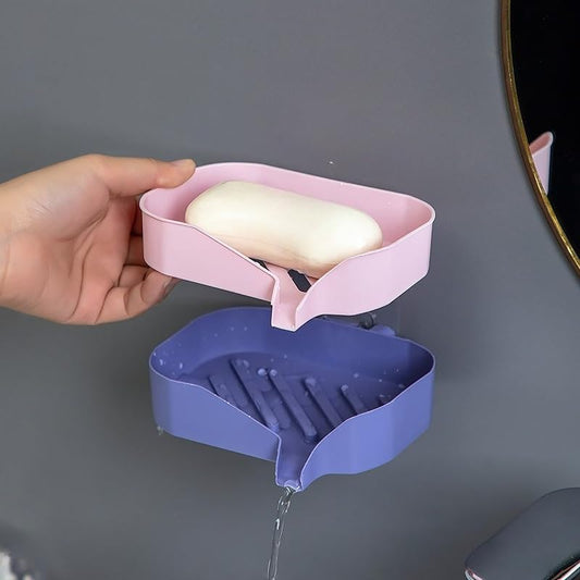 1pc Double Layer Soap Dish Wall Mounted Bathroom Soap Holder with Drain Holes Creative Color Matched Design Adhesive No Drill Installation (Pink Purple)