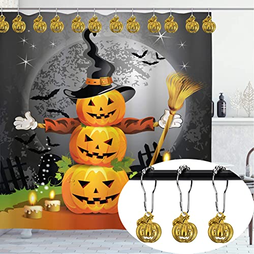 Set of 12 Halloween Smiling Pumpkins Shower Curtain Hooks Ring Stainless Steel Rustproof Bathroom Kids Room Fashion Home Decor (Gold) - color: Gold