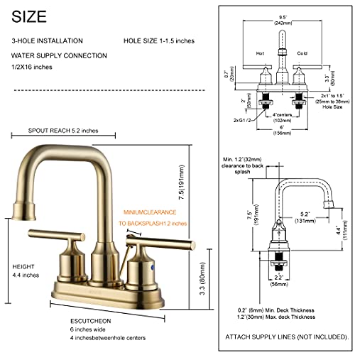 WOWOW Brushed Gold Bathroom Faucet 4 inch Bathroom Sink Faucet 3 Hole RV Sink Tap 2 Handle Vanity Taps with Drain Assembly Centerset Lavatory Mixer 360-Degree Swivel Spout - color: Brushed Gold, style: Centerset - 4 Inch