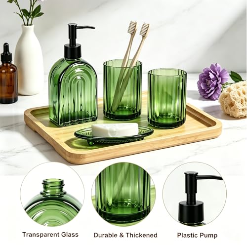 YYTSGG Green Glass Accessories Set, 4PCS Bathroom Set | Modern Countertop Vanity Organizer Set include 13.5oz Lotion Soap Dispenser, Toothbrush Holder, Tumbler & Soap Dish - color: Green