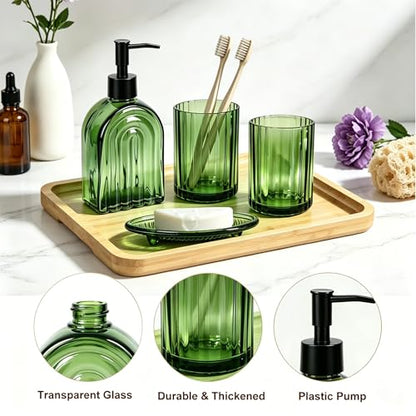 YYTSGG Green Glass Accessories Set, 4PCS Bathroom Set | Modern Countertop Vanity Organizer Set include 13.5oz Lotion Soap Dispenser, Toothbrush Holder, Tumbler & Soap Dish - color: Green