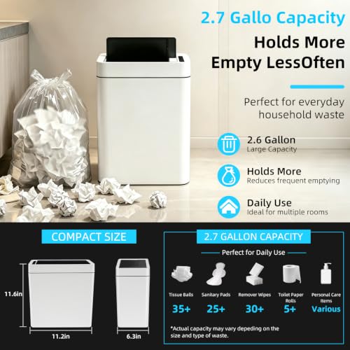 2.7 Gallon Slim Bathroom Touchless Trash Can, Automatic Smart Trash Can with Air-Press Bag Expander, Sensor Lid Waste Bin for Bedroom, Office & RV, White - size: 2.7 Gallon-Standard