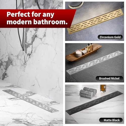 Sharp-tec Linear Shower Drain, 24 inch Shower Drain with Removable Pattern Cover, Brushed Nickel 304 Stainless Steel Rectangle Floor Drain, Adjustable Feet and Hair Strainer Included (Model 101) - color: Brushed Nickel, size: 24 inch