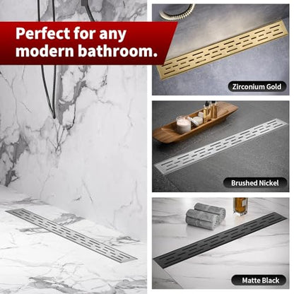 Sharp-tec Linear Shower Drain, 28 inch Shower Drain with Removable Pattern Cover, Brushed Nickel 304 Stainless Steel Rectangle Floor Drain, Adjustable Feet and Hair Strainer Included (Model 101) - color: Brushed Nickel, size: 28 inch