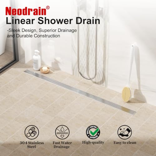 Neodrain 54" Linear Shower Drain, Brushed 304 SS Bathroom Linear Drain,cUPC | Brushed Nickel Shower Drain with Quadrato Grate& Adjustable Feet, Long Rectangle Shower Floor Drain in Bathroom, Balcony etc - color: Brushed Nickel, size: 54 In