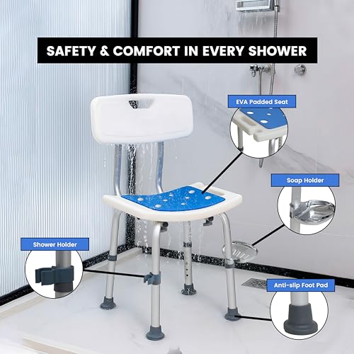 Shower Chair for Inside Shower With Soap box - Height Adjustable Shower Chair for Elderly and Disabled with Removeable Back & Enhanced Non-Slip Feet - Lightweight Aluminum Construction - Blue