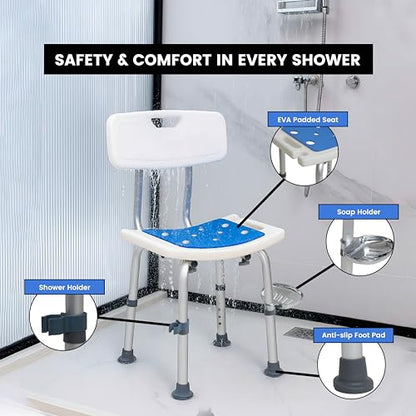Shower Chair for Inside Shower With Soap box - Height Adjustable Shower Chair for Elderly and Disabled with Removeable Back & Enhanced Non-Slip Feet - Lightweight Aluminum Construction - Blue