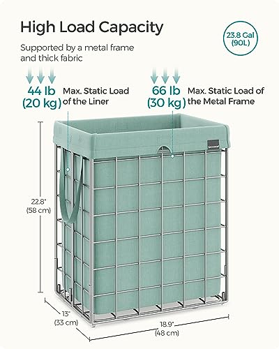 SONGMICS Laundry Hamper, 23.8 Gal. (90L) Laundry Basket, Collapsible Clothes Hamper, Removable and Washable Liner, Metal Wire Frame, for Bedroom Bathroom, Silver and Mint Green ULCB190C01 - color: Silver + Mint Green, size: 90 L