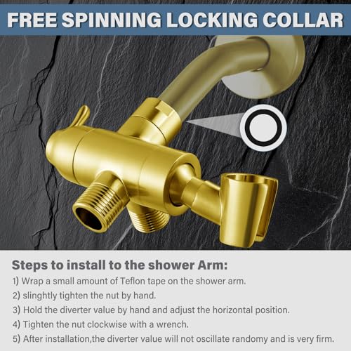 Metal Shower Arm Diverter with Handheld Mount, G1/2" 3-Way Shower Diverter Valve Bathroom Universal Showering System Replacement for Handheld Wand and Fixed Sprayer, Brushed Gold - color: Brushed Gold
