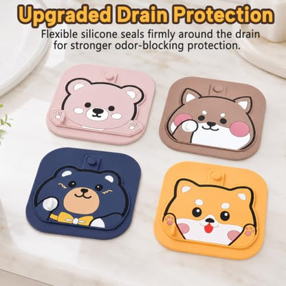 2Pack Square Shower Drain Hair Catcher for Bathtub and Shower | Khaki thick silicone, cartoon animal design, reusable hair stopper for floor drains, kitchen laundry room utility use - color: Yellow