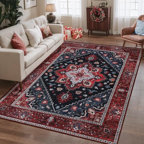 Ciicool 3x5 Entryway Rug Indoor,Washable Non-Slip Low Pile Ultra Soft Area Rugs for Large Kitchen Bedroom Bedside Living Room Distressed Boho Carpet Home Decor - color: Dark Blue/Red, size: 3' X 5' (Rectangular)