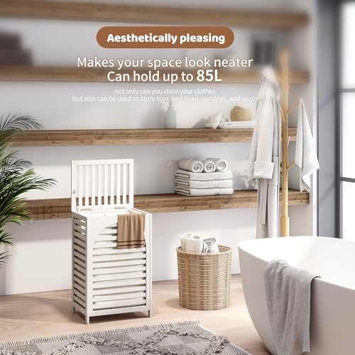 Laundry Hamper with Lid (16.9 * 13 * 26.5inches) Large Bamboo Laundry Bin Basket 85L Clothes Hamper with 1 Removable Bag Storage baskets for Bathroom (White) - color: White