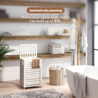 Laundry Hamper with Lid (16.9 * 13 * 26.5inches) Large Bamboo Laundry Bin Basket 85L Clothes Hamper with 1 Removable Bag Storage baskets for Bathroom (White) - color: White