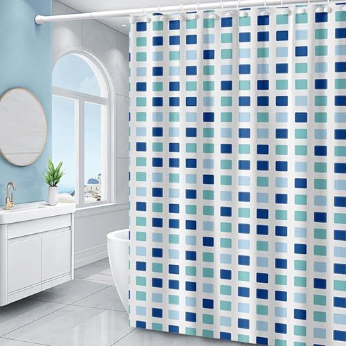 TIKABC Shower Curtain Liner, 4G PEVA Shower Liner, Plastic Waterproof Shower Curtains, 72x72 inch with Grommet Holes 3 Magnetic Weights - color: Blue Green Blocks