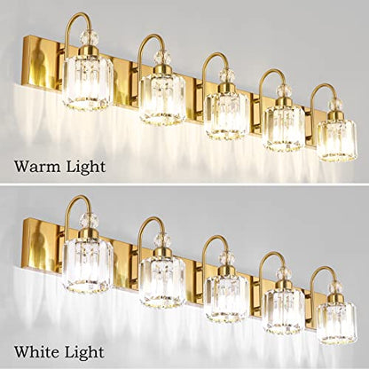 Ralbay Crystal Vanity Lights 5-Lights Brass Gold Over Mirror Modern Bathroom Wall Lighting Fixtures - color: Round-Brass, size: 5-light