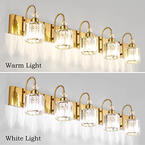 Ralbay Crystal Vanity Lights 5-Lights Brass Gold Over Mirror Modern Bathroom Wall Lighting Fixtures - color: Round-Brass, size: 5-light