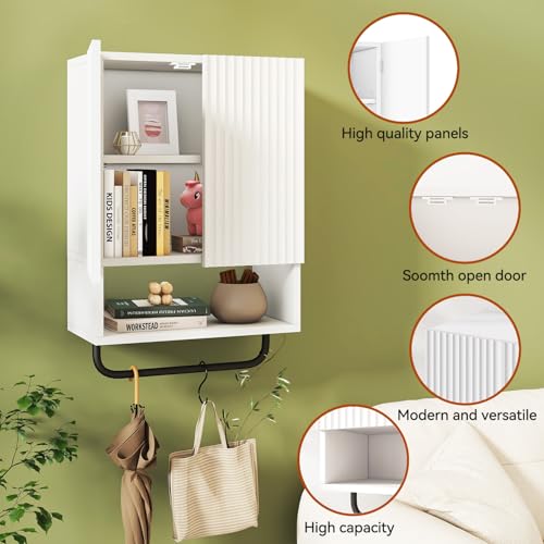 IBUYKE Bathroom Wall Cabinet Over Toilet Cabinet for Bathroom UWBS003W | with Doors and Adjustable Shelf, Towel Bar, Wall Mounted, for Laundry Room & Living Room Kitchen, White,Modern - color: White