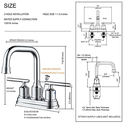 WOWOW Chrome 4 Inch Bathroom Sink Faucet Centerset Lift Rod Drain Stopper 2 Handle Lavatory Commercial Contemporary Faucet High Arc Brass Faucets for Bathroom - color: Chrome, style: Centerset - 4 Inch