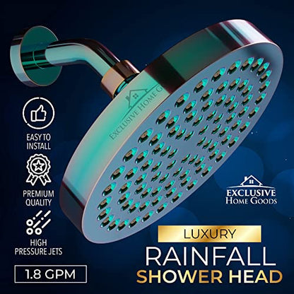 Rainfall Shower Head - 6" High Pressure Shower Heads - 1.8 GPM Shower Heads with Anti-Clog 90 Rubber Jets - 360° Rotation Adjustable Shower Head - Rustproof Bathroom Shower Head - Polished Rainbow