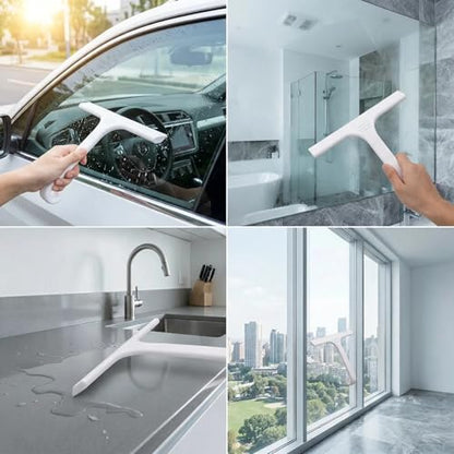 Silicone Shower Squeegee - All-in-One Design with Built-in Hook, 10 Inch Streak-Free Bathroom and car Cleaner for Glass Doors, Mirrors, Windows, Tiles White