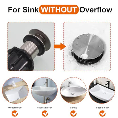 Bathroom Sink Drain Without Overflow, Brushed Nickel Bathroom Sink Stopper for Vanity Vessel Sink, Rapid Draining Stainless Steel Pop Up Drain with Hair Catcher Anti-Clog Strainer - color: Brushed Nickel